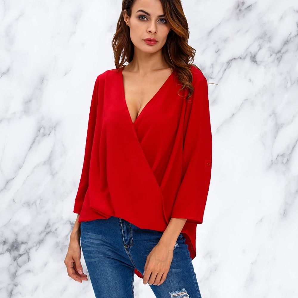 Wine Red V-Neck Faux Wrap Loose Fit Blouse